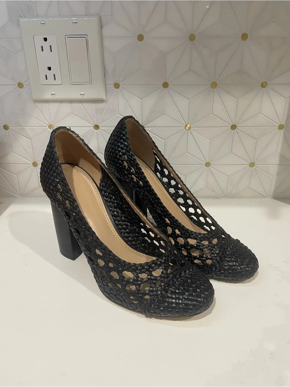 Tory Burch Black Woven Block Heel Pumps